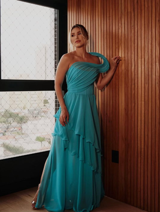 Unique A Line One Shoulder Blue Chiffon Long Prom Dress Evening Dress SH2504