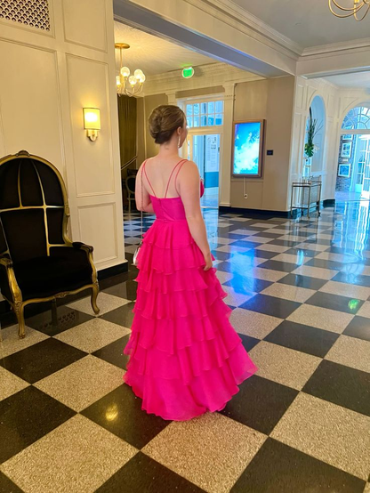 Sexy Hot Pink Layered A Line Evening Dress Chiffon Long Prom Dress SH1558