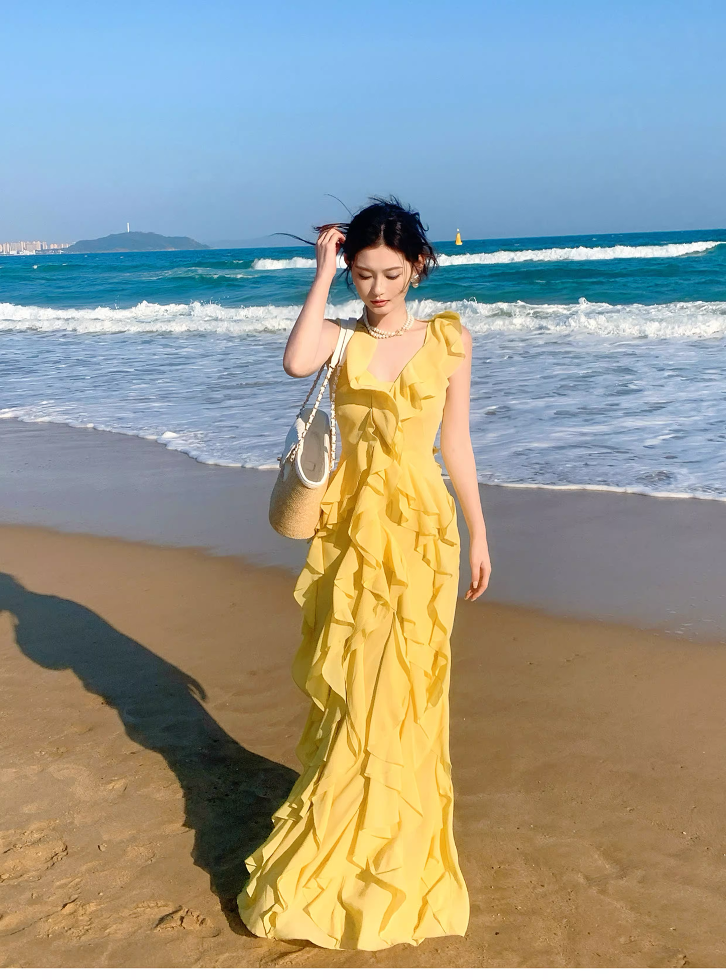 Classy Yellow Chiffon Layered Ruffles Mermaid Evening Dress Long Birthday Dress SP1648