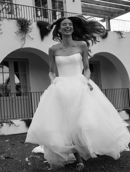 Simple A Line Strapless White Satin Tulle Long Wedding Dress SH2033