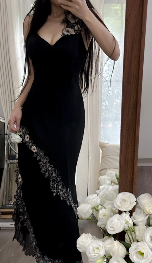 Fashion Spaghetti Straps Black Satin Mermaid Long Party Dress Prom Gown With Appliques D2307