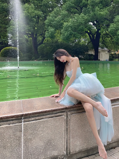 Baby Blue A Line Sweetheart Neck Tulle Short Homecoming Dress Birthday Dress with Bow SH3643