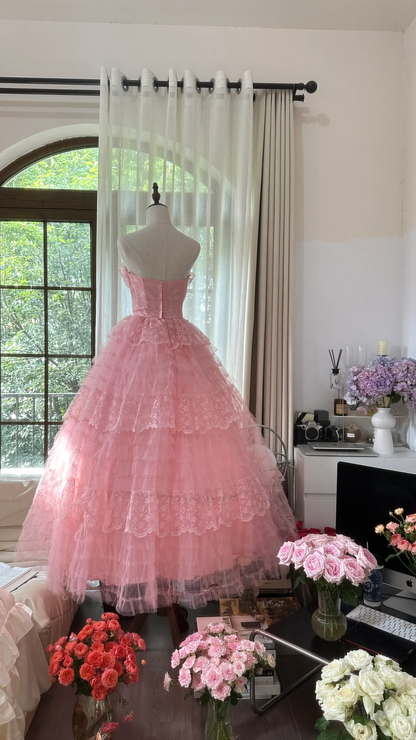 Cute A Line Sweetheart Neck Pink Layered Lace Tulle Long Party Dress Birthday Dress SH2941