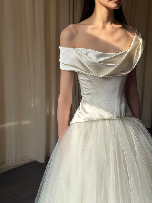 Pretty A Line Off the Shoulder Corset Satin Tulle Long Prom Dress Wedding Dress SH4273