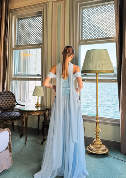 Elegant Baby Blue A Line Off the Shoulder Chiffon Satin Prom Dress Evening Dress Formal Dress SH3745