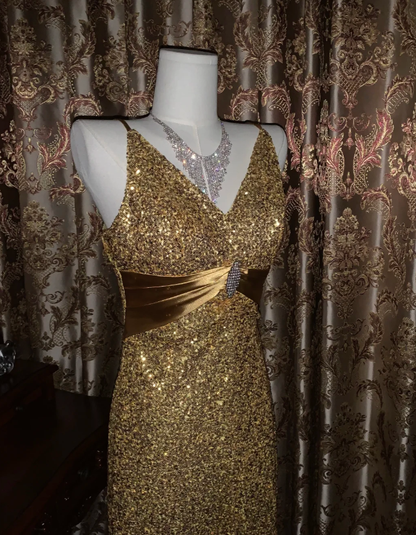 Glitter V Neck Sequin Beaded Gold Mermaid Party Dress Long Evening Dress D1725