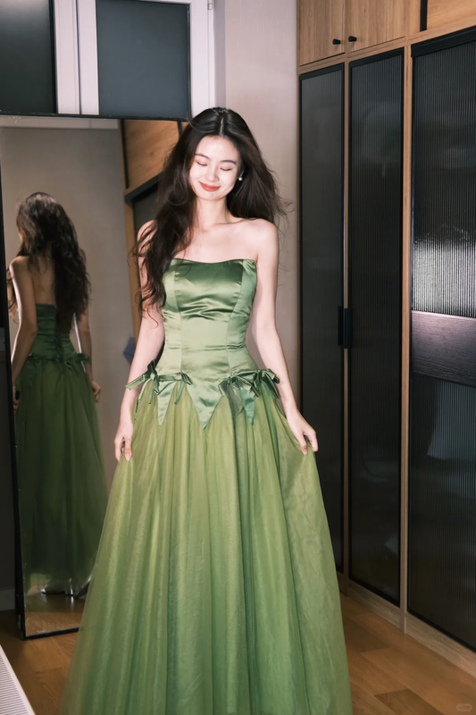 Cute A Line Sweetheart Neck Green Tulle Satin Party Dress Birthday Dress with Bow SH2912