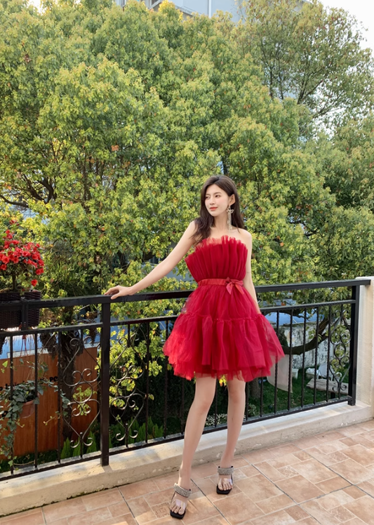 Burgundy A Line Strapless Tulle Short Outfit Party Dress Homecoming Dress Birthday Dress SH3529