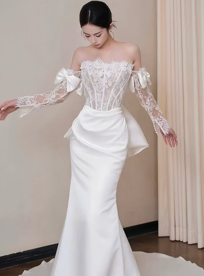 Pretty Mermaid Strapless Bow White Lace Satin Long Sweep Prom Dress Wedding Dress SH4646