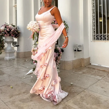 Pretty Pink Satin 3D Rose Flowers Mermaid Party Dress Long Evening Gown D1360