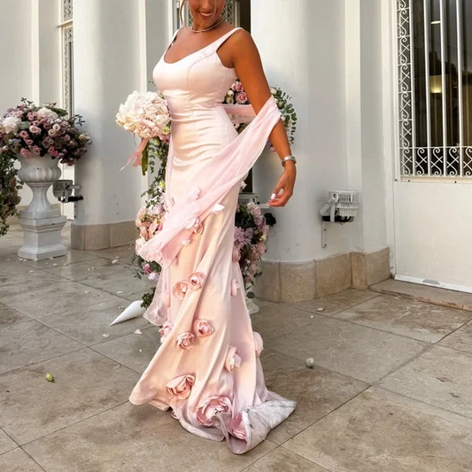 Pretty Pink Satin 3D Rose Flowers Mermaid Party Dress Long Evening Gown D1360