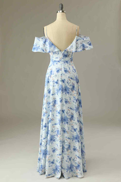 Blue Floral Prints A-line V Neck Flaunt Sleeves Chiffon Long Bridesmaid Dress