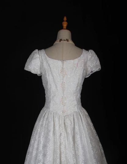 Pretty White Satin Beaded Floral Lace Ball Gown Formal Long Wedding Dress D2284