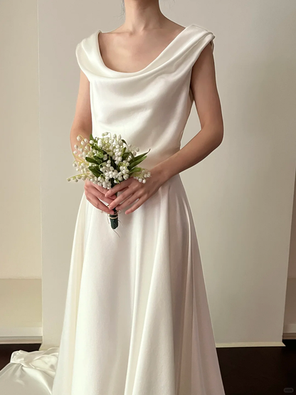 Simple A Line Round Neck White Satin Wedding Dress SH4998