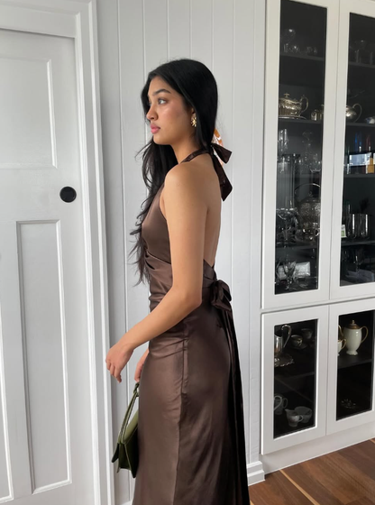Simple A Line Halter Brown Satin Open Back Evening Dress Party Dress SH2689