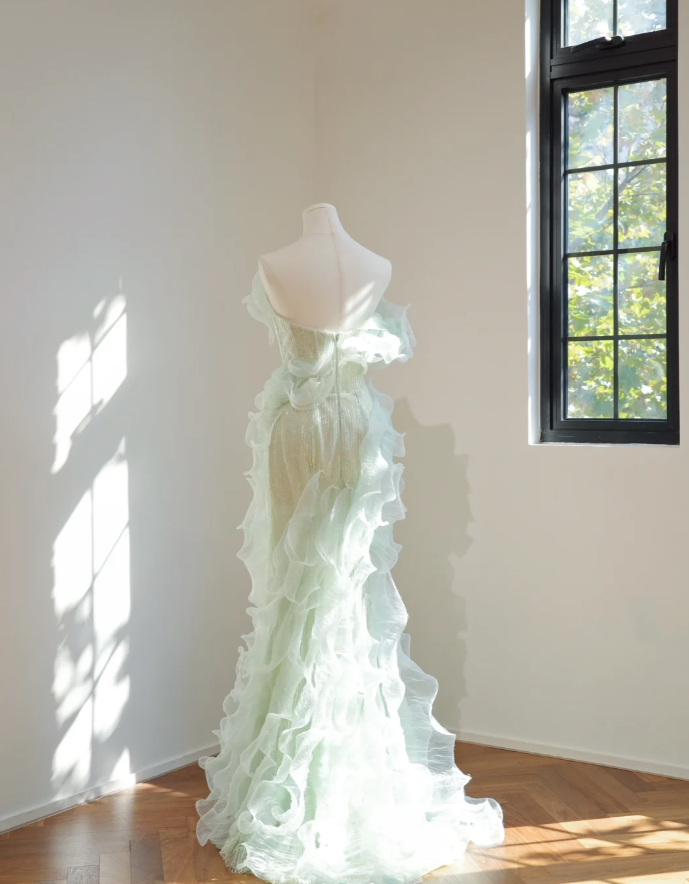 Chic Mint Green Strapless Sequin 3D Tulle Ruffles Mermaid Long Evening Dress Party Gown D2154