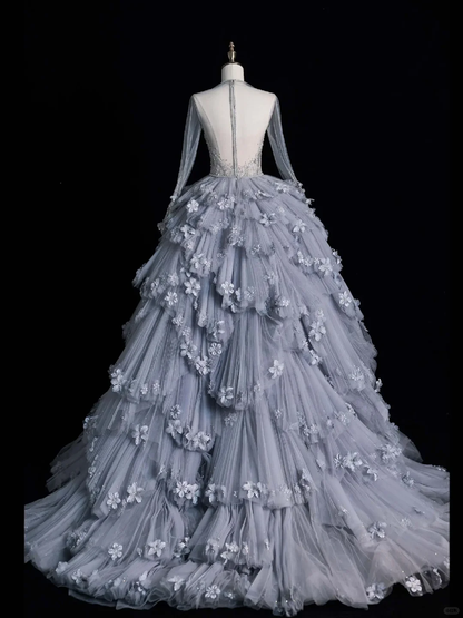 Unique A Line Long Sleeve Flower Tiered Tulle Long Party Dress Evening Dress Ball Gown SH2815