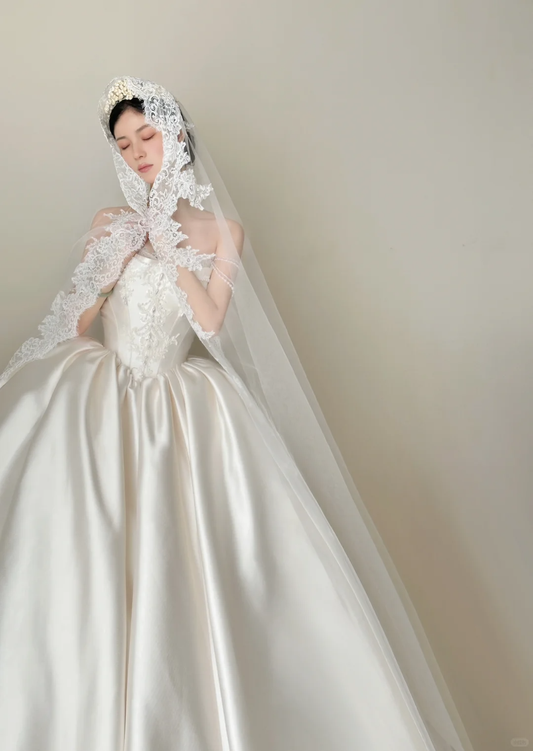 White Pearl Ball Gown Strapless Lace Satin Long 16th Birthday Dress Wedding Dress SH3962