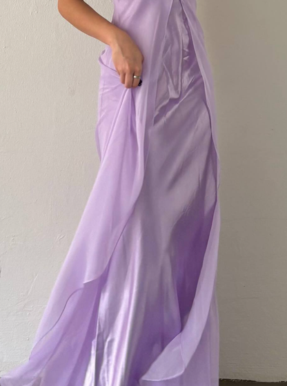 Lilac A Line Spaghetti Strap Satin Tulle Long Prom Dress Evening Dress SH2481