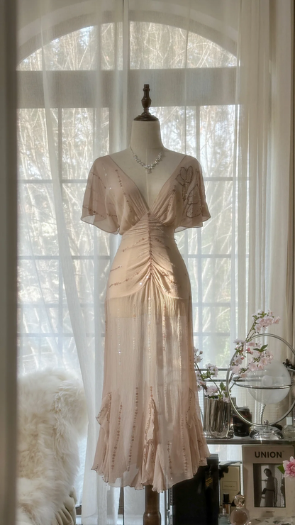 Gentle A Line V Neck Sequin Chiffon Party Dress Wedding Guest Dress SH2957