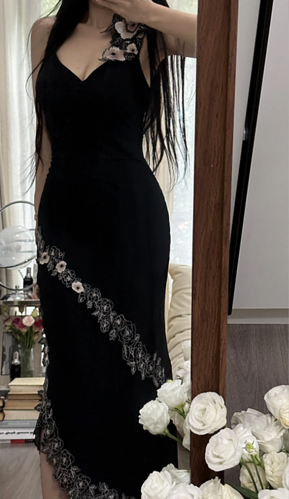 Fashion Spaghetti Straps Black Satin Mermaid Long Party Dress Prom Gown With Appliques D2307