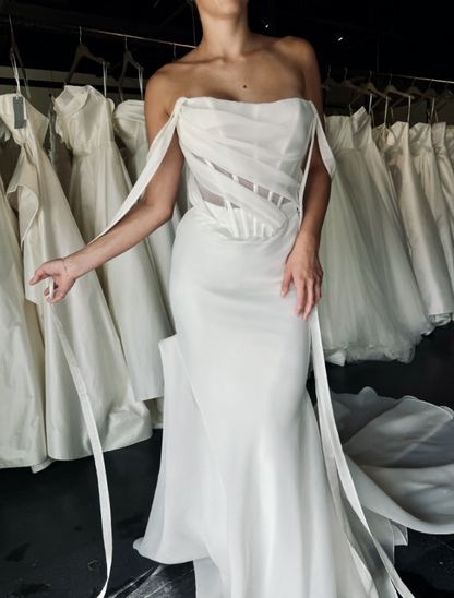 Simple Mermaid Off the Shoulder Corset Chiffon Long Sweep Wedding Dress SH2233
