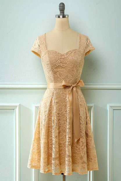 A-line Cap Sleeves Lace Sash Mini Bridesmaid Dress