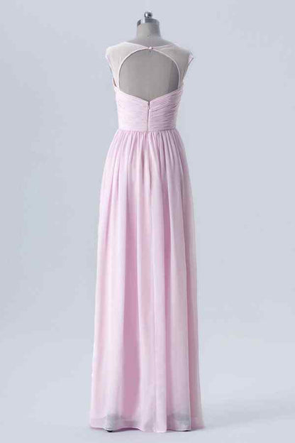 A-line Cap Sleeves Pleated Keyhole Chiffon Long Bridesmaid Dress