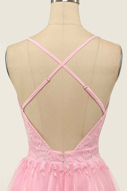 A-line Deep V Neck Crossed Back Embroidery Mini Homecoming Dress