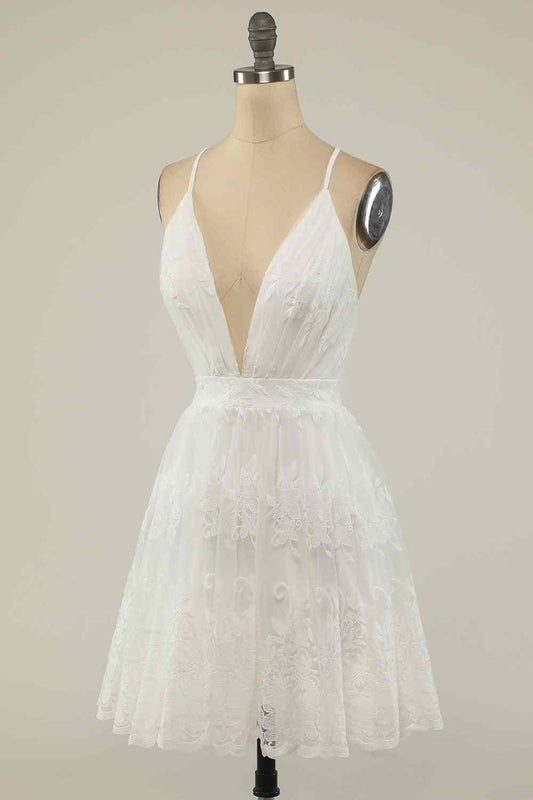 A-line Deep V Neck Crossed Back Embroidery Mini Homecoming Dress