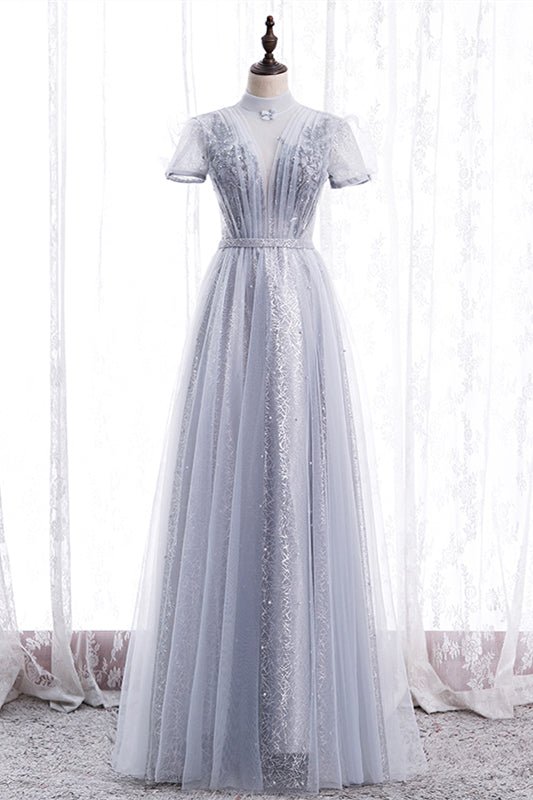 Tulle A-Line Short Sleeves Empire Maxi Party Prom Dress