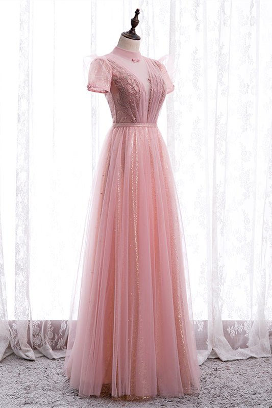 Tulle A-Line Short Sleeves Empire Maxi Party Prom Dress