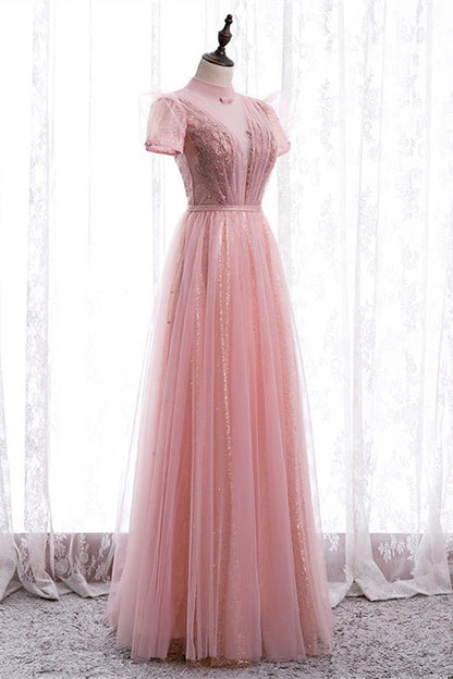 Tulle A-Line Short Sleeves Empire Maxi Party Prom Dress