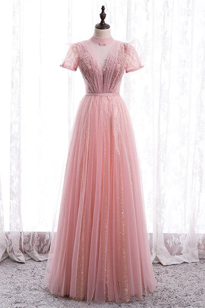 Tulle A-Line Short Sleeves Empire Maxi Party Prom Dress
