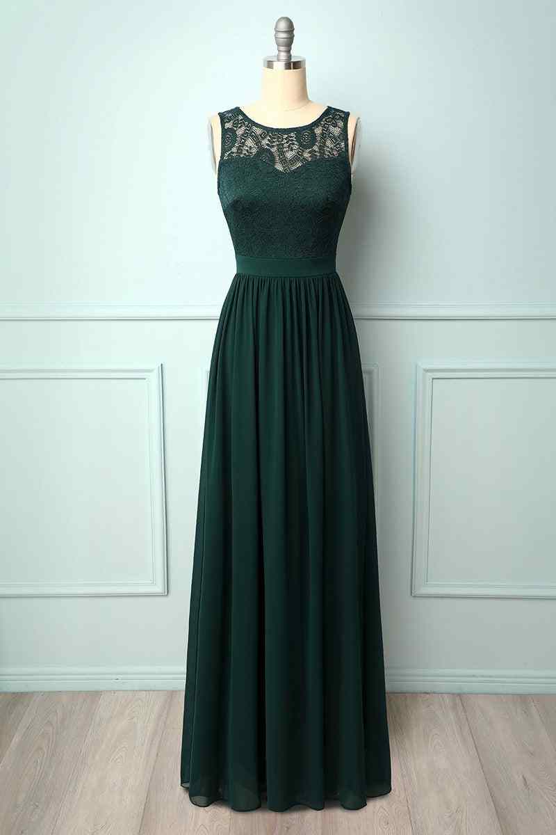 A-line Illusion Lace Neck Chiffon Long Bridesmaid Dress