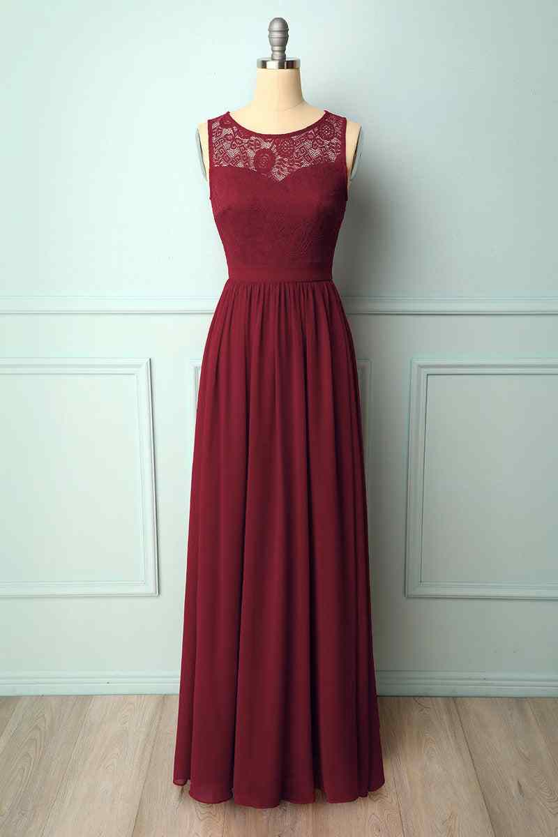 A-line Illusion Lace Neck Chiffon Long Bridesmaid Dress