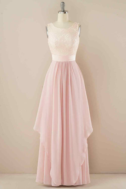 A-line Jewel Lace V Back Chiffon Hi-Low Bridesmaid Dress