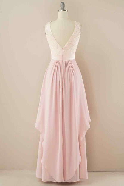 A-line Jewel Lace V Back Chiffon Hi-Low Bridesmaid Dress