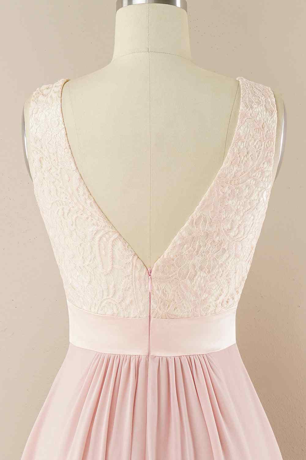 A-line Jewel Lace V Back Chiffon Hi-Low Bridesmaid Dress
