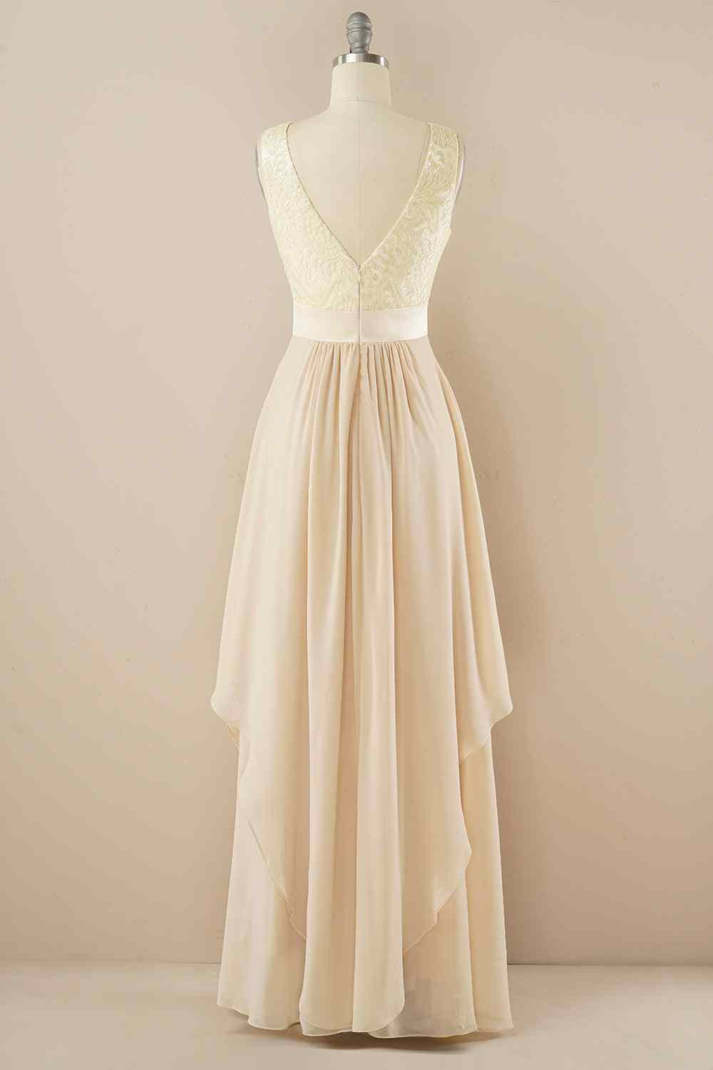 A-line Jewel Lace V Back Chiffon Hi-Low Bridesmaid Dress