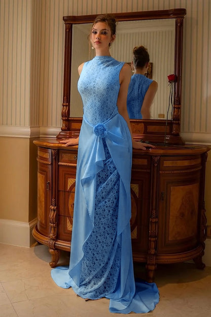 High Neck Sleeveless Mermaid Evening Dress With Lace Embroidery