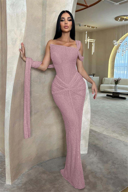 Stunning Pink Sequins One Shoulder Sleeveless Slim Prom Dress with Pleated