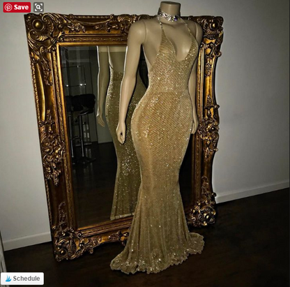 Elegant Halter Mermaid Evening Dress  V-Neck With Sequins