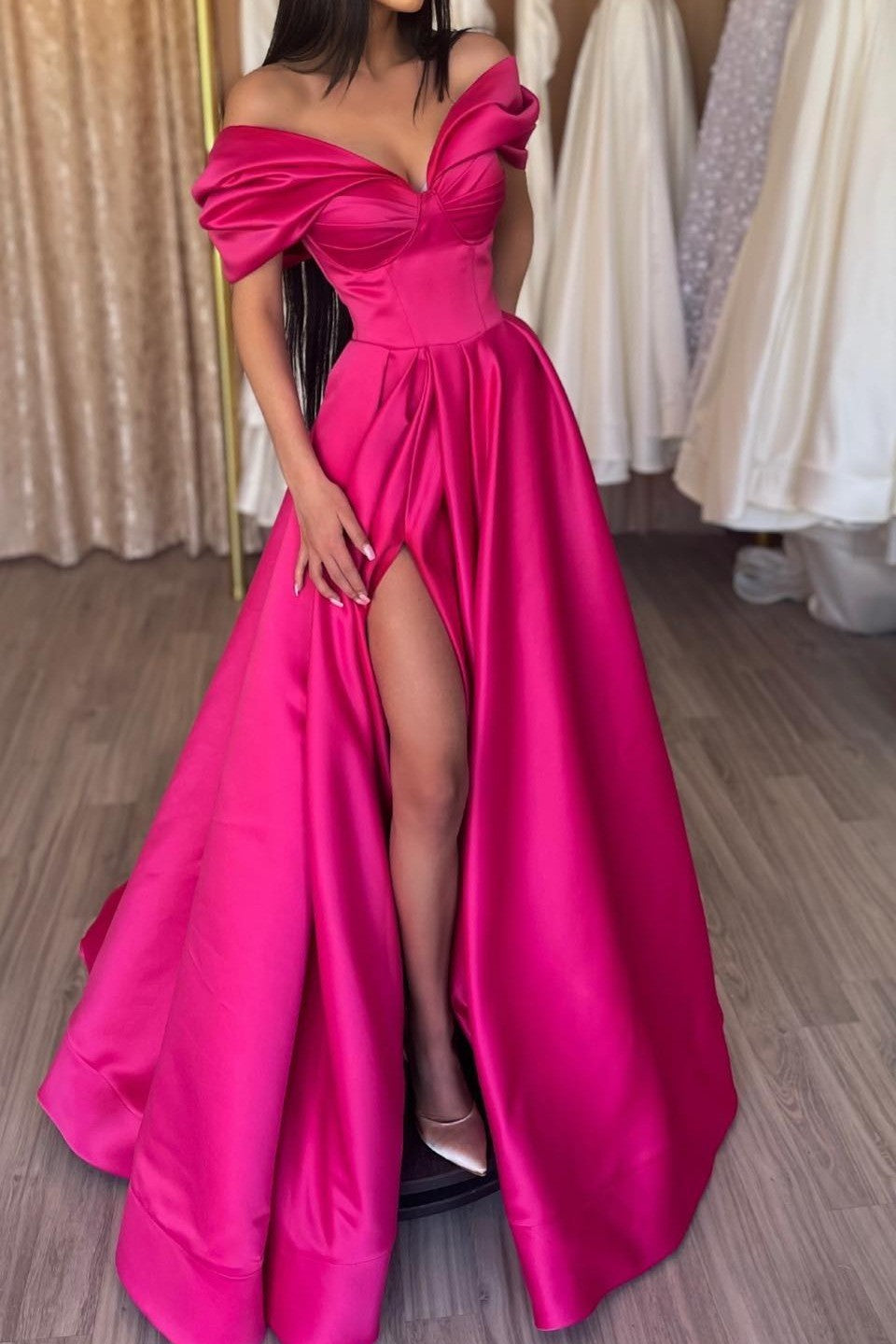 A-Line Fuchsia Portrait Prom Dress With Slit