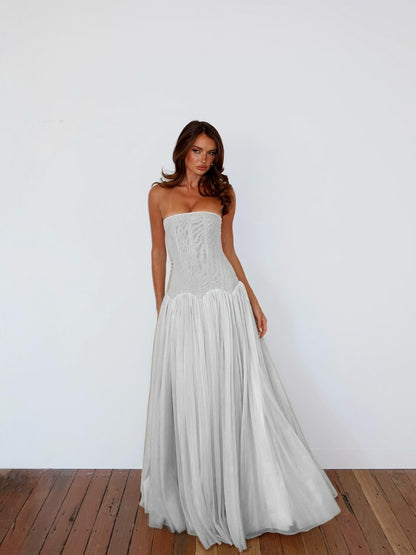 Charming Straight Across Sleeveless Pleated Tulle Evening Dress