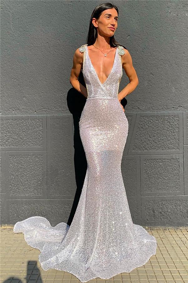 Deep V-Neck  Mermaid Prom Dress Open Back Sequins