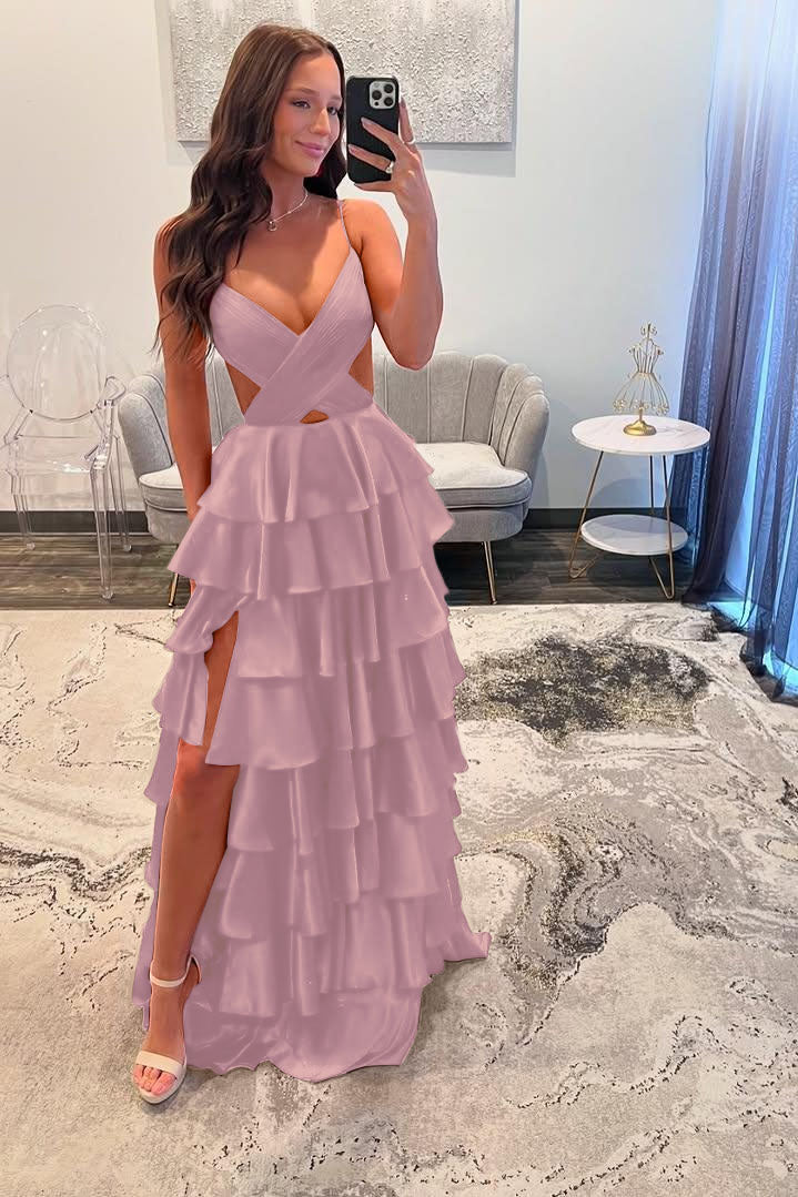 Stunning Red Spaghtti Strap V Neck Sleeveless Split Prom Dress with Ruffles