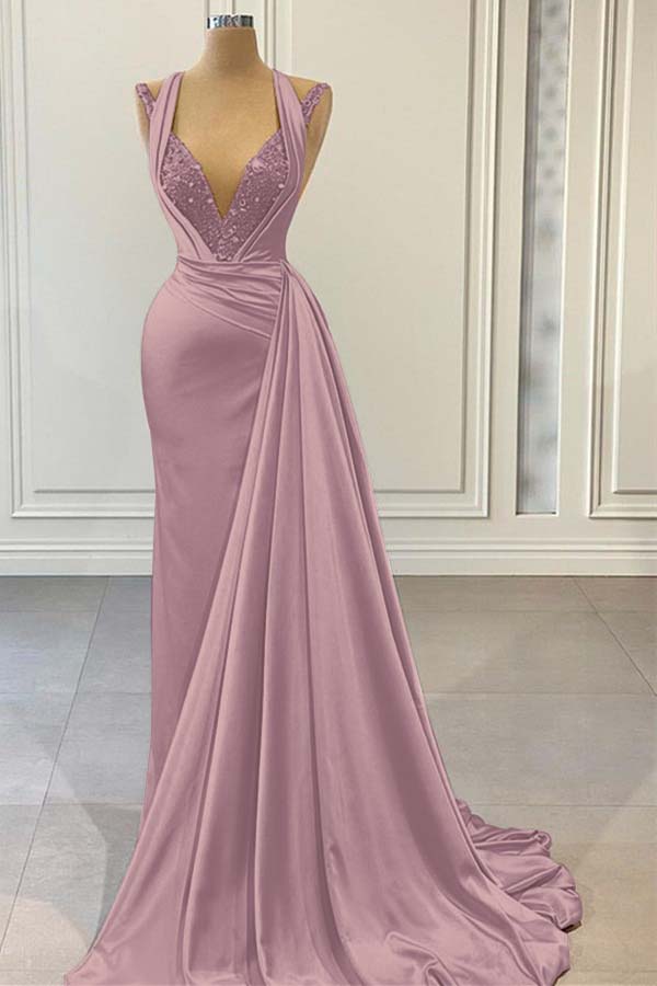 Elegant Pink Halter Sleeveless With Sequins Evening Dress
