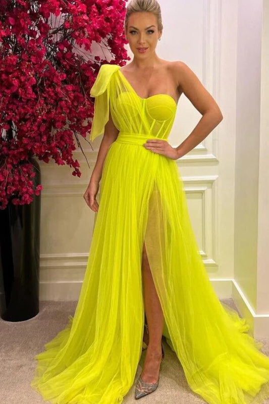 A-Line One-Shoulder Tulle Long Prom Dress With Split