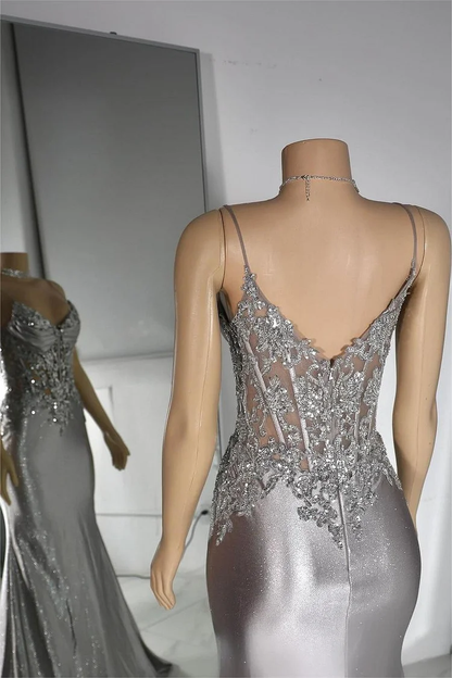 Spaghetti Strap Sleeveless V-Neck Mermaid Long Prom Dress With Sequins